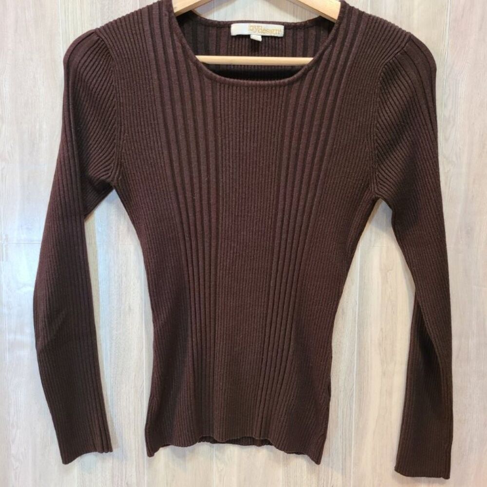 ByDesign Women M Brown Ribbed Knit Sweater Slim Fit Stretch Long Sleeve Top
